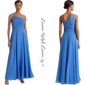 NWT Lauren Ralph Lauren Georgette One-Shoulder A-Line Maxi Dress Blue 14